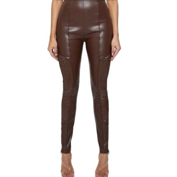 Maniere De Voir Vegan Faux Leather Brown Ribbed Patent Leggings Moto NWT size 12 - Picture 1 of 15